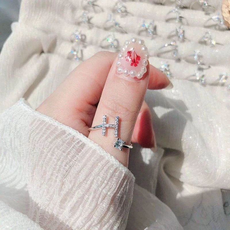 Shining Rhinestone 26 Letters Adjustable Rings  Initial A-Z Alphabet Opening Ring