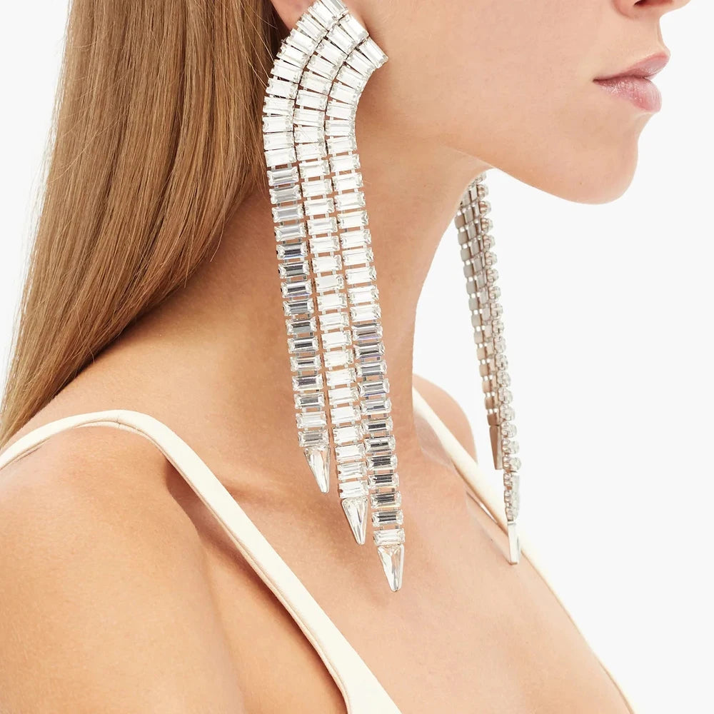 Exaggerated Crystal Tassel Ear Clip Earrings No Piercing Jewelry Rhinestone Clip Earrings