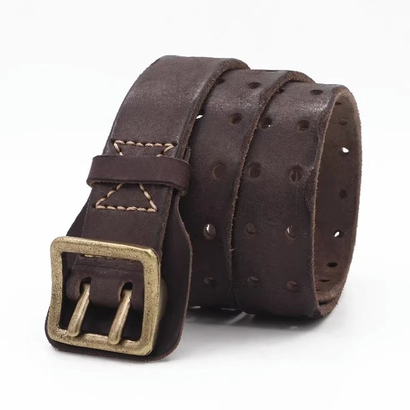Original Handmade Double-needle Buckle Belt Washed  Genuine Leather