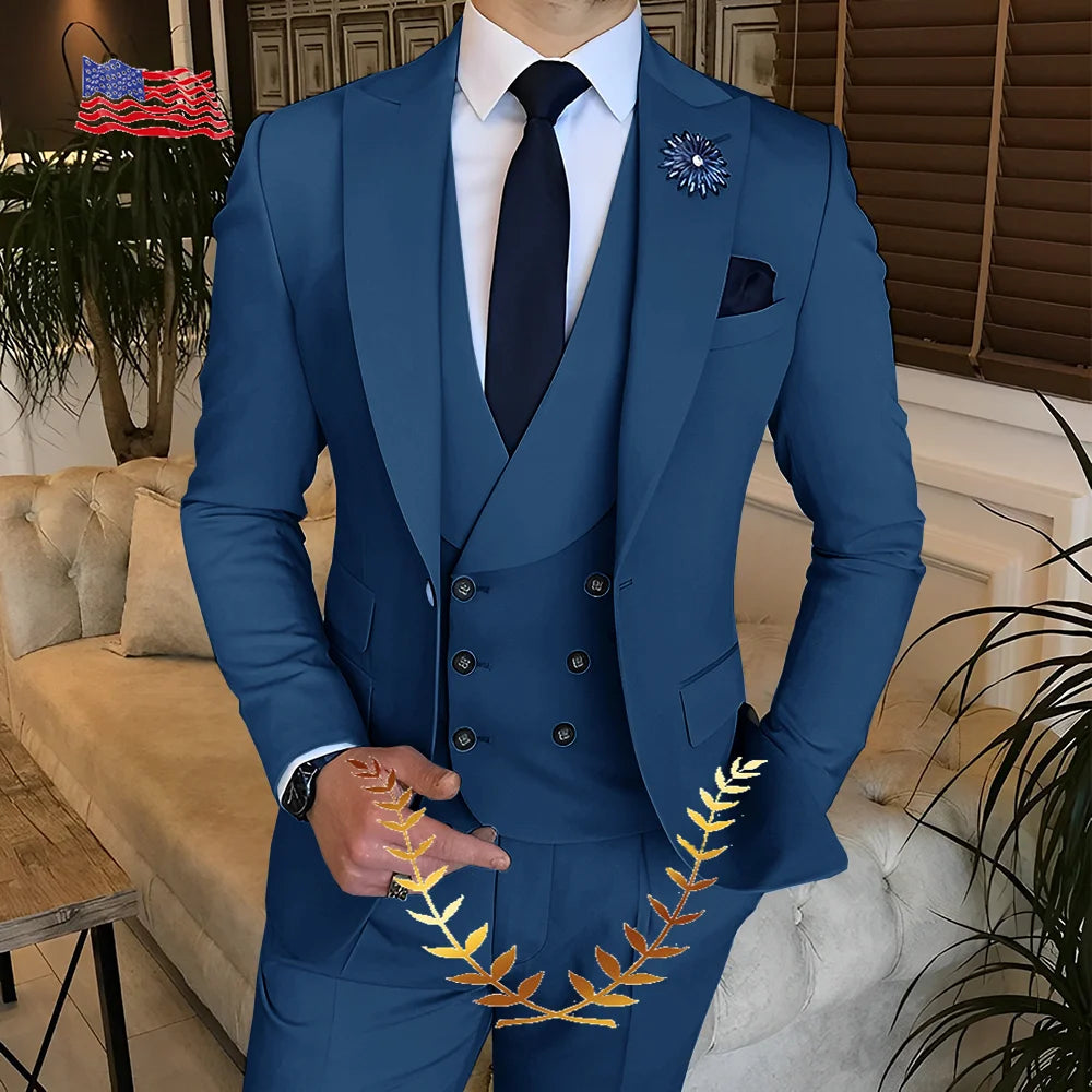 Men's Suit Jacket Pants Vest 3-piece Set Slim Fit Handsome Men Blazer for Party