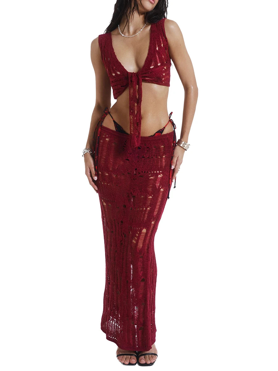 Women Summer Outfits Solid Color Sheer Bandage Knit Tank Tops and Elastic Low Waist Long Skirt Set