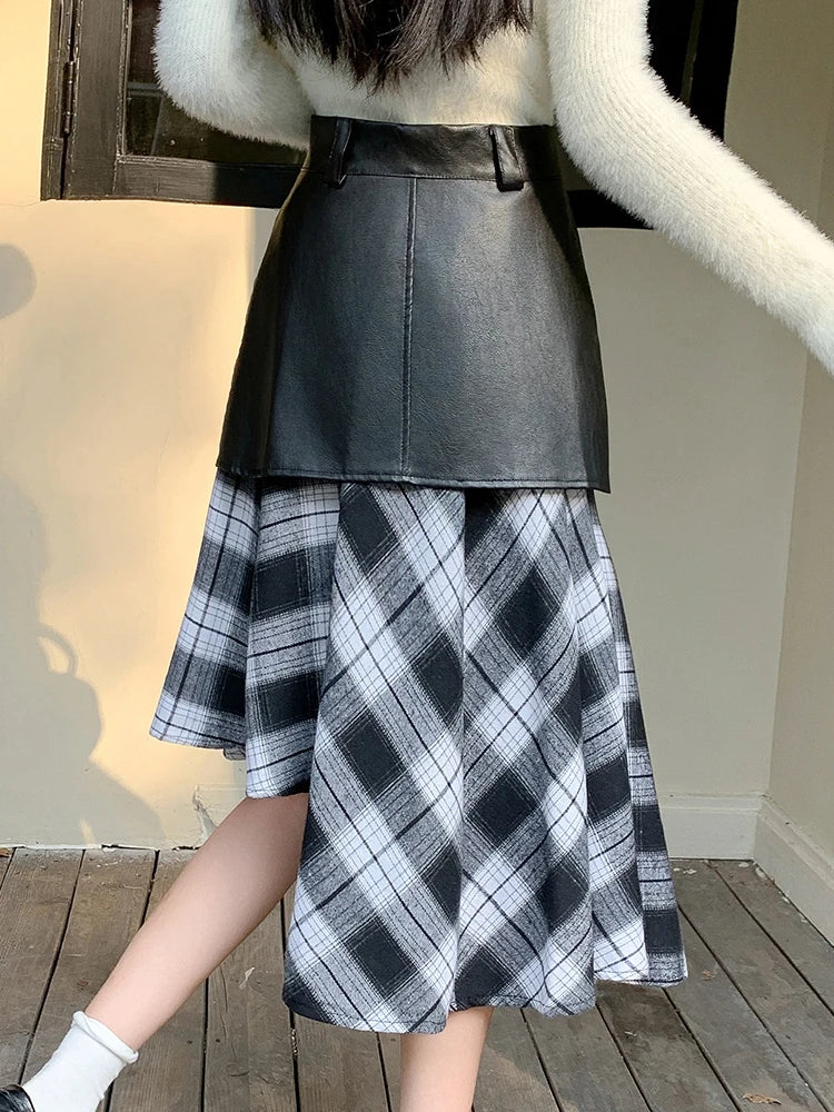 Stylish 2 Piece Stitching PU Plaid Skirts