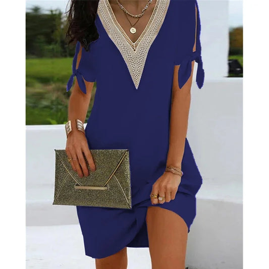 Summer Women Solid Color V-neck Dress Fashion Craft Cuff Split Bow Casual Loose Mini Party Dresses Holiday Street Wear