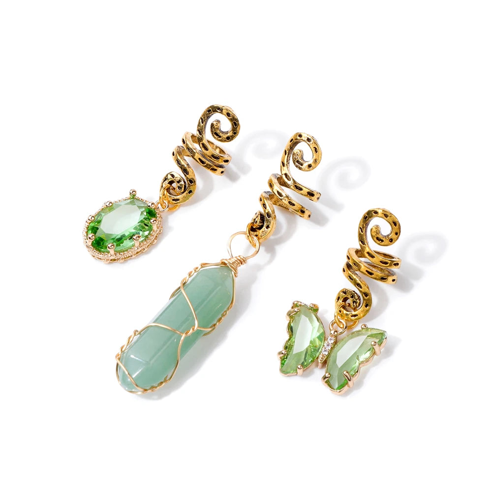 3pcs/set Crystal Hair Jewelry For Women Hexagonal Column Butterfly Charm Dreadlock Headwear Dangle Dreadlock Hair Accessories