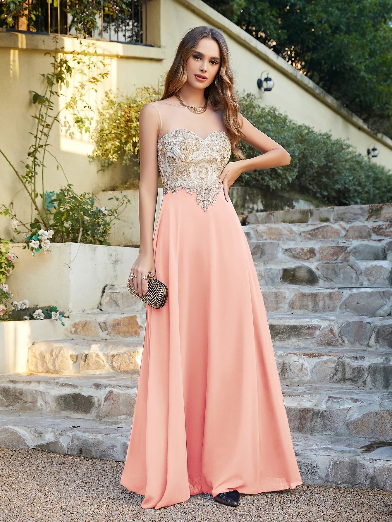 Elegant Gold Appliques Long Dress Women Illusion Neck A Line Chiffon Prom Evening Party Gowns Maxi Gala Dress