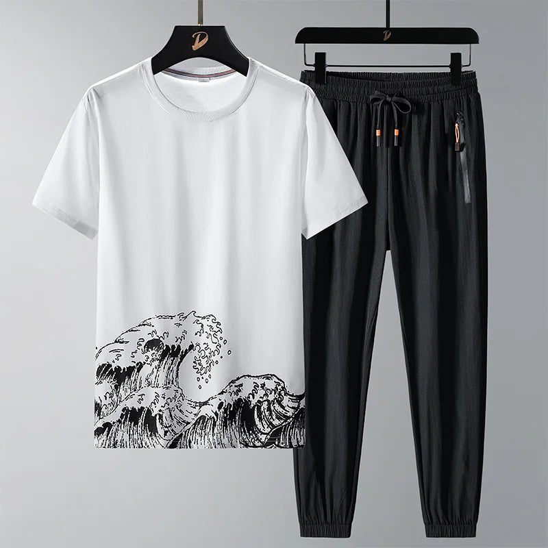 Men T Shirt Suit Pants 2 Piece Set Oversize 6XL 7XL 8XL Plus Size Short Sleeve Black T-shirts Summer Fashion Loose