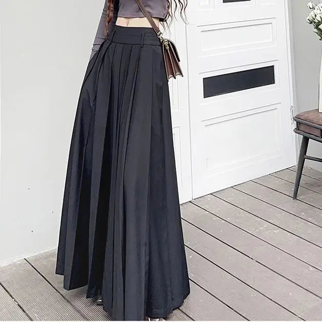 A Pleated  Large Hem  Retro Low Waisted Casual  Ankle Length Skirt