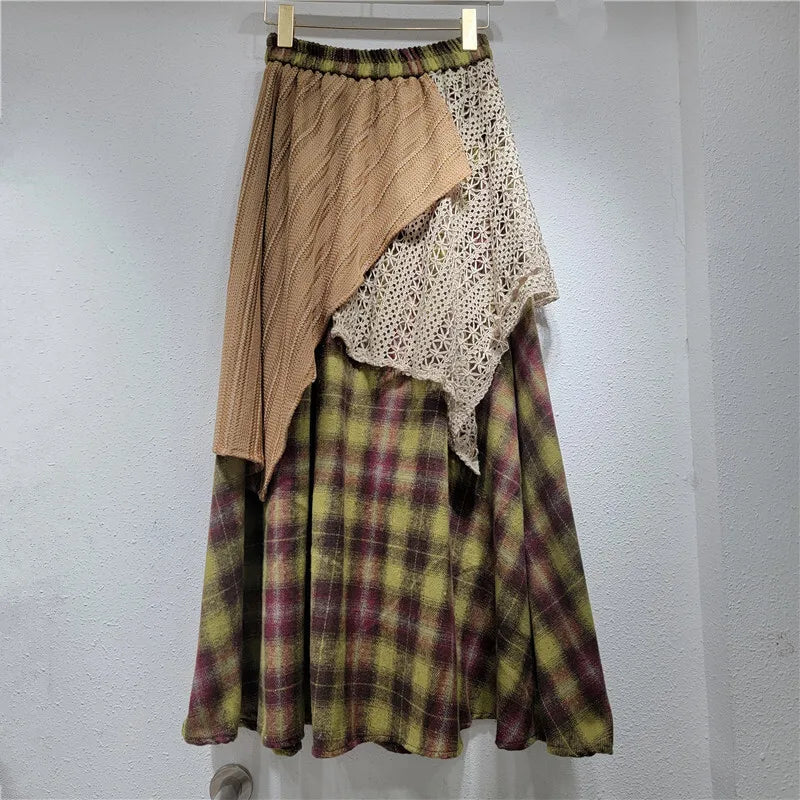 Elastic High Waist Patchwork Irregular Plaid Printed Causal A-line Long Skirts