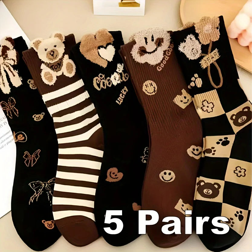 5 Pairs Of Latte Color Pattern Women's Socks, Comfortable And Versatile Mid-calf Socks
