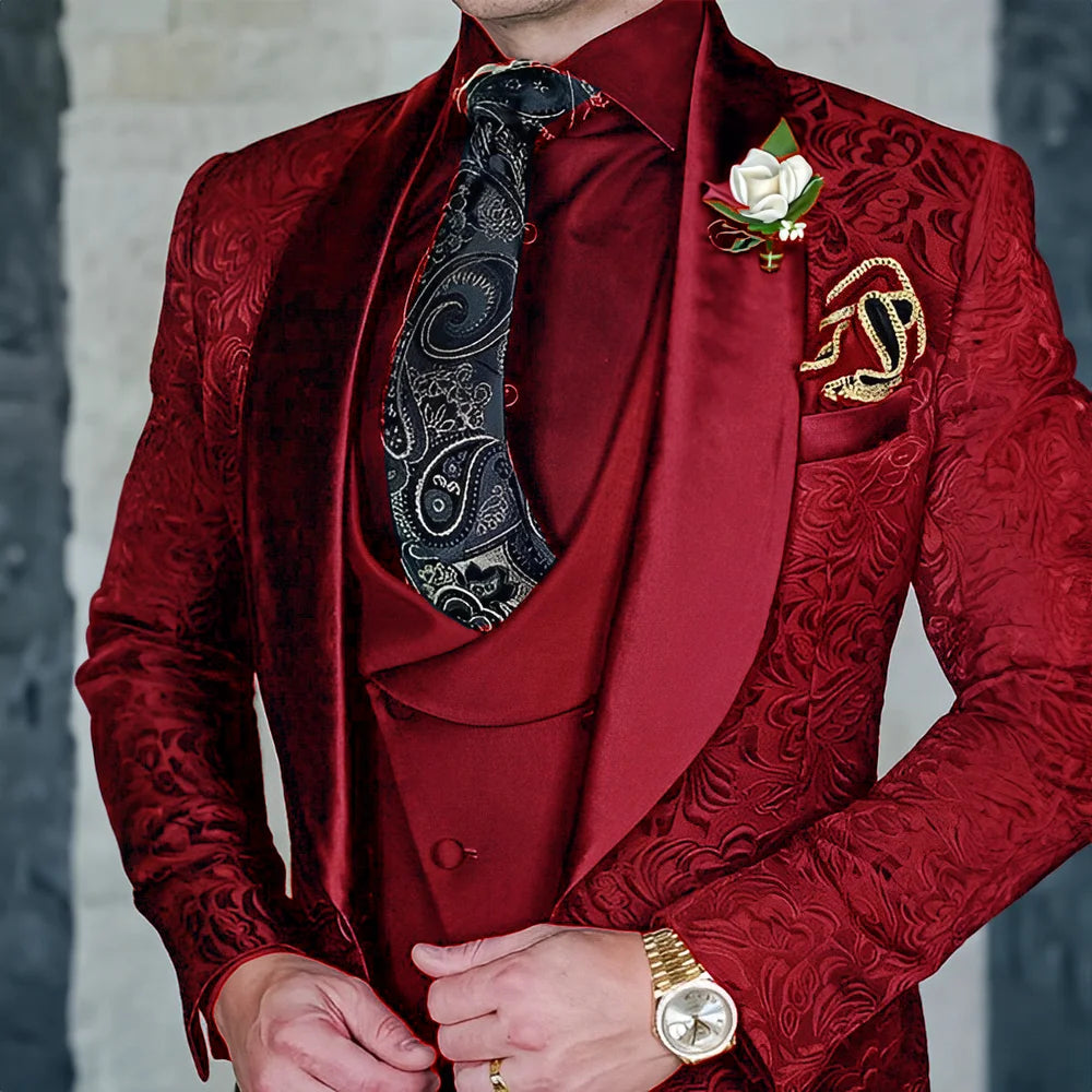 Jacquard Men's 3-piece Suit Set Formal Party Dress Groom's Tuxedo High Quality Elegant Men's Customized Outfit
