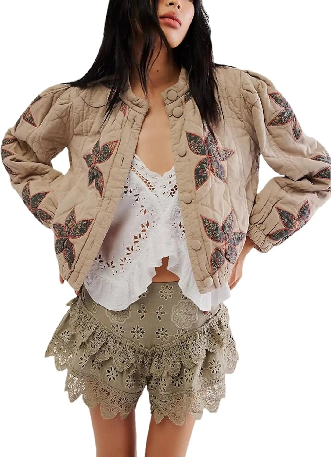 Cropped Lightweight Flower Quilted Jacket Embroidery Puffer Outerwear Coats