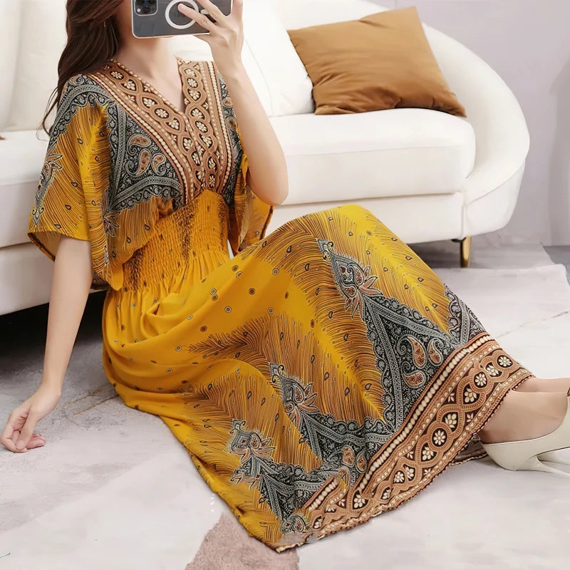 Colorful Flower V-neck Elastic Youthful Bohemian Sweet Midi Dress Woman Clothes Chic Fashion Summer Dresses