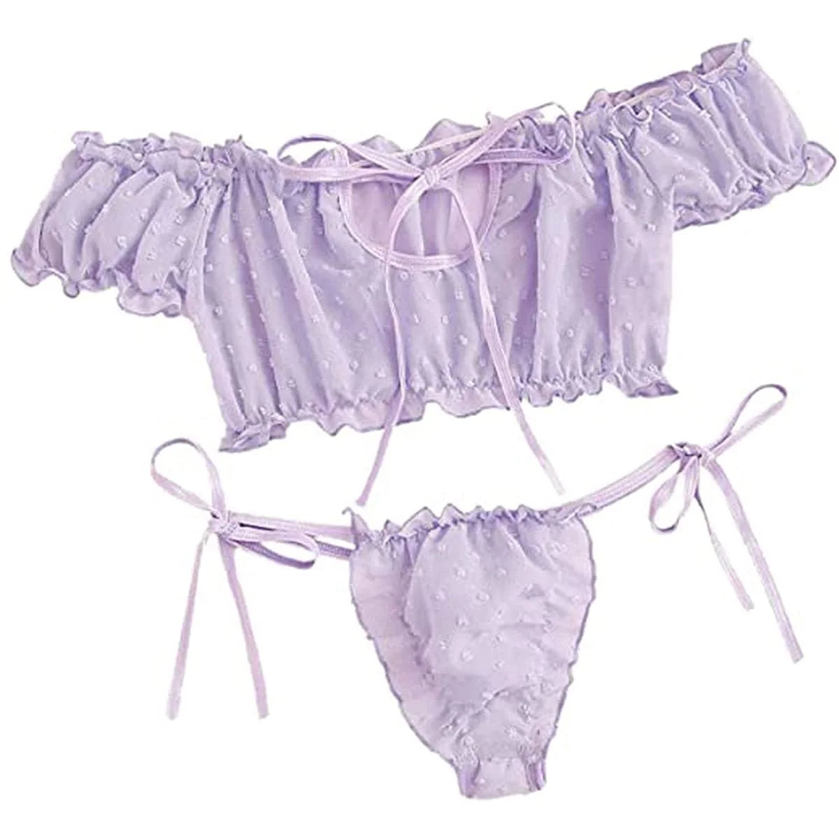 Lace Bra and Panty Set Seductive Two Piece Lingerie with Bow Detail and Sheer Mesh Fabric