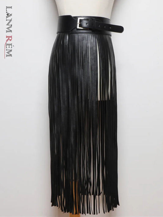 Leather Skirt Women Belt Black Full Tassels