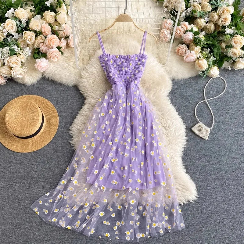 Women's Dress Fashion Floral Print Spaghetti Straps Mesh Party Dress Vacation Style Beach
