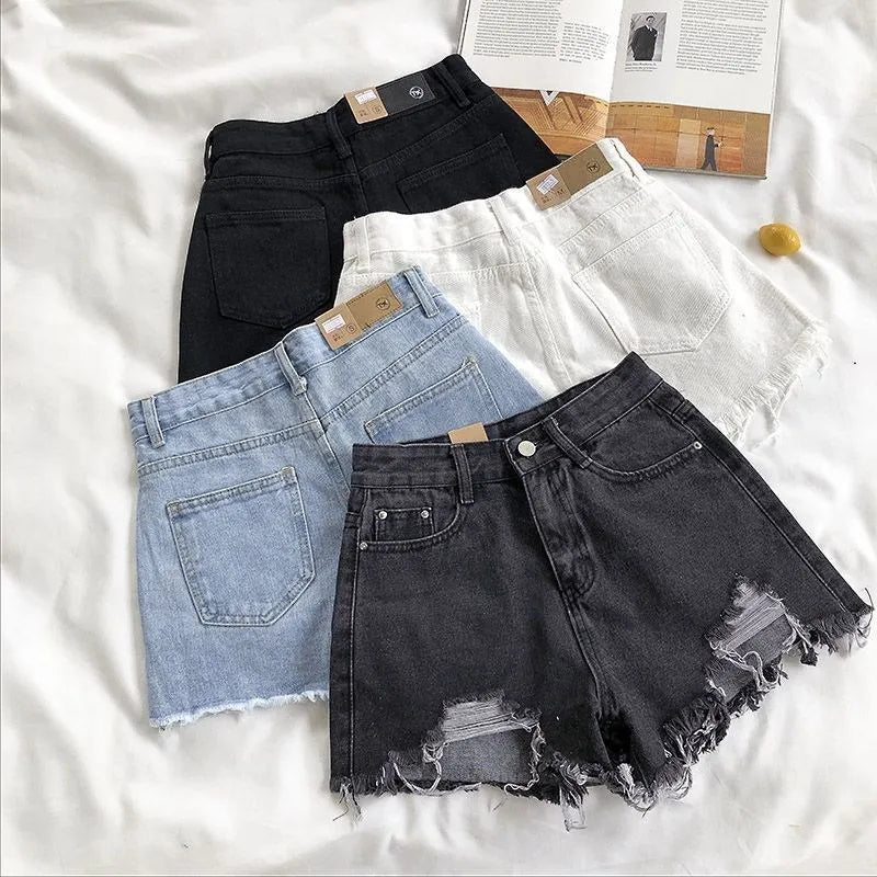 Denim Shorts Women's Summer Fashion Casual High Waist Ripped Jeans Pocket Tassel Streetwear