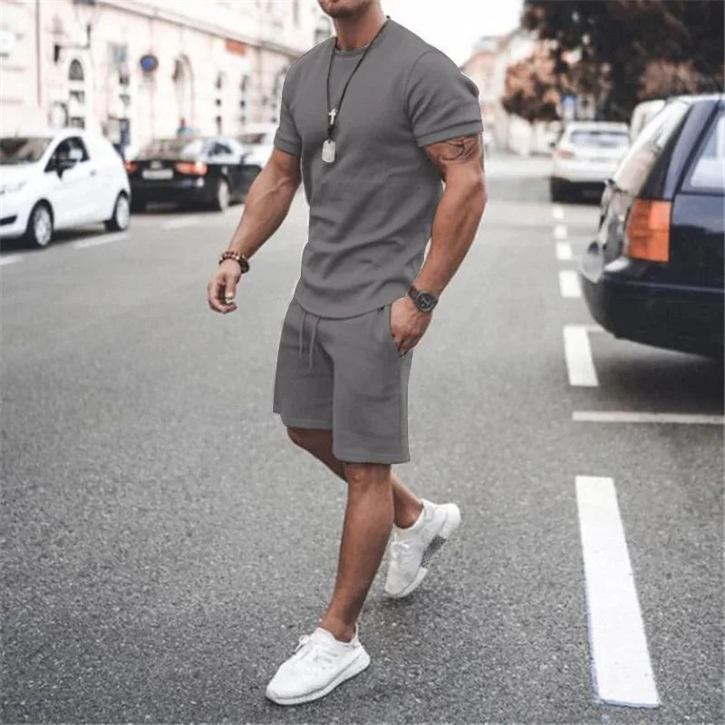 Solid Color Europe and The United States Men's  Summer  Short Sleeve T-shirt  +Shorts 2pcs Set Leisure Sports Men Suit