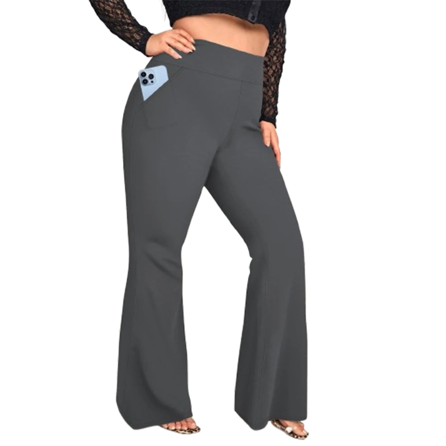 Women Plus Size High Waist Wide Leg Palazzo Pants Solid Color Elastic Waist Flare Trousers Yoga