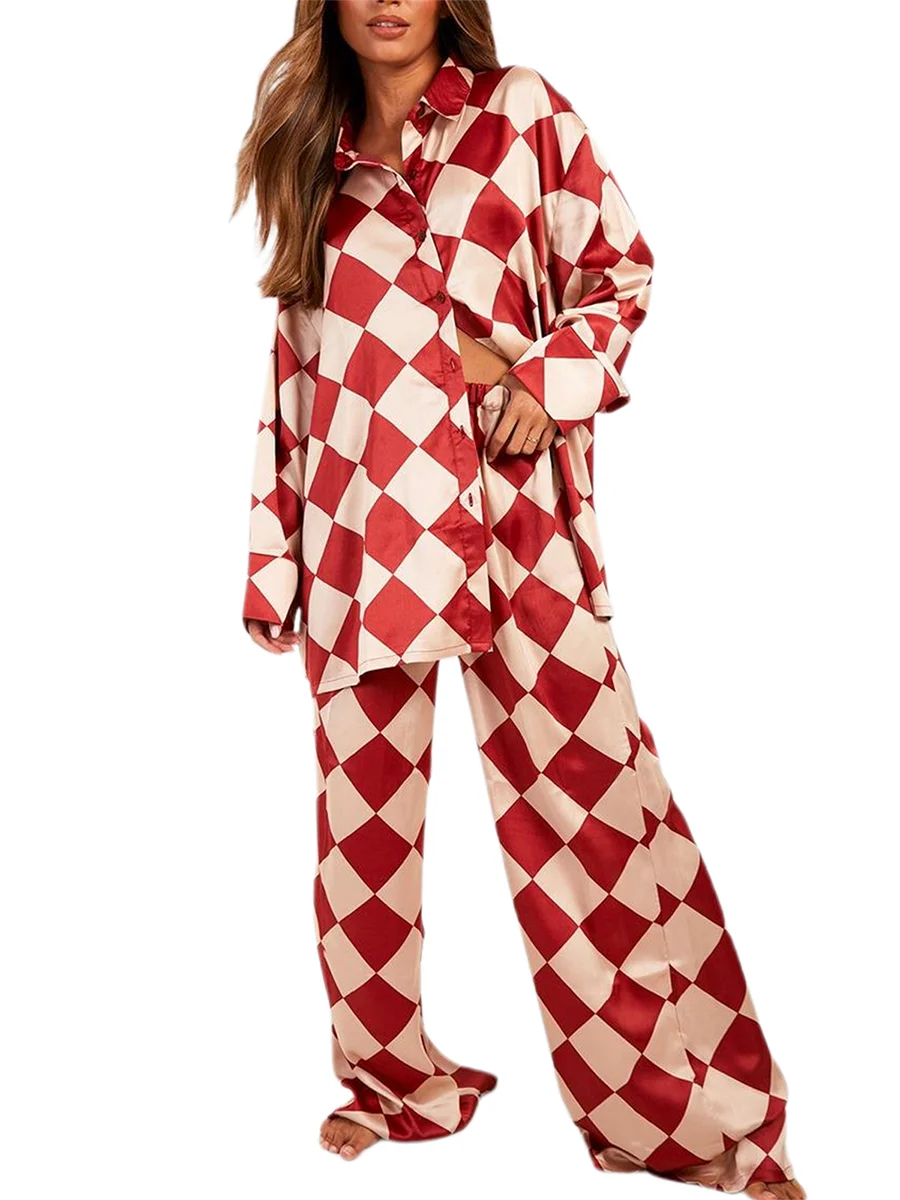 Checkered Print Loungewear Set Short Sleeve V-Neck Button Up Tops Cropped Pants Cozy Sleepwear Ensemble