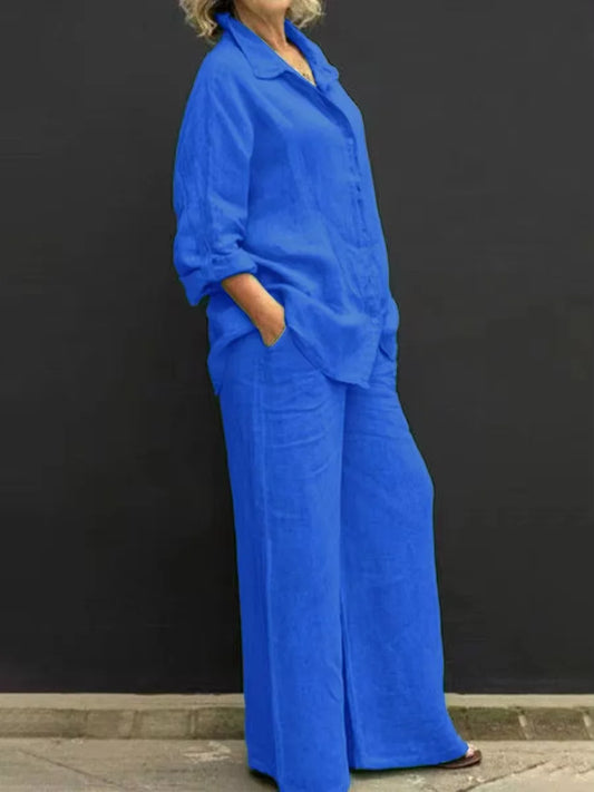 Linen Lapel Two Piece Set Vintage Solid Color Long Sleeve Button Shirt Blouse Women Casual Loose Straight Pants Suits