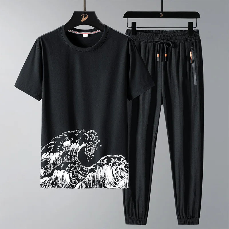 Men T Shirt Suit Pants 2 Piece Set Oversize 6XL 7XL 8XL Plus Size Short Sleeve Black T-shirts Summer Fashion Loose