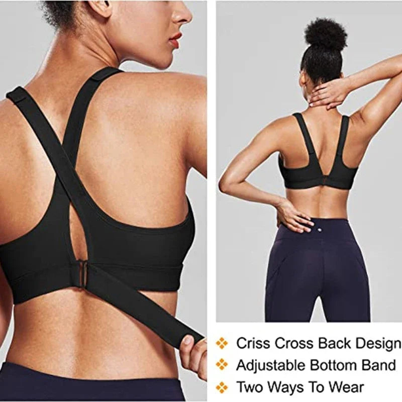 Sports Bra  Crop Top Adjustable Belt Zipper Yoga Running Bras Push Up Vest Shockproof