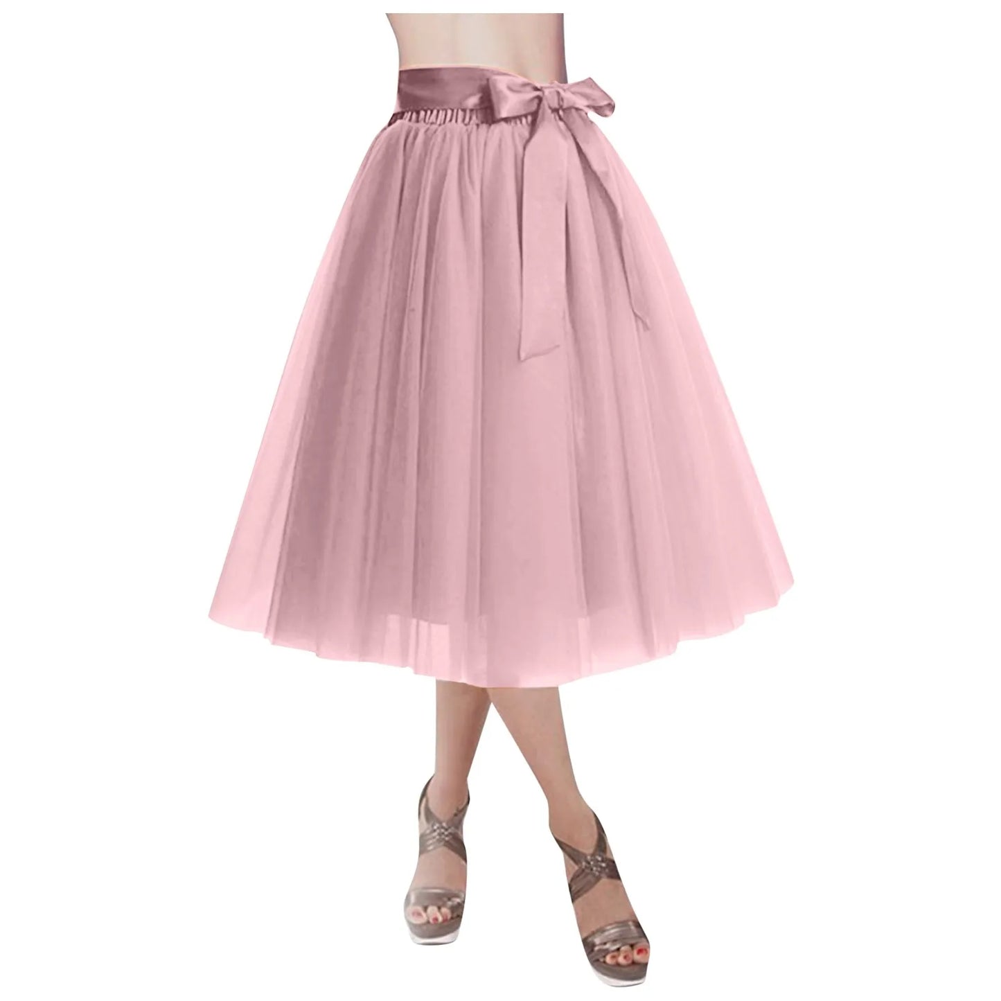 Women's Knee Length Mesh  Skirt Solid Color Elegant Elastic High Waist A-Line Petticoat