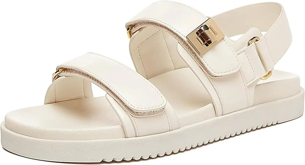 Women's Flat Sandals Comfort Adjustable Double Strap Slip on Leather Footbed Sandals for Women