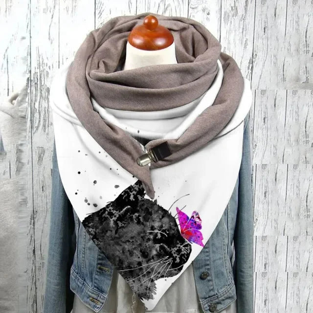 Winter Women's Floral Print Thick Warm Scarf – Windproof Double-Layer Buttoned Wrap