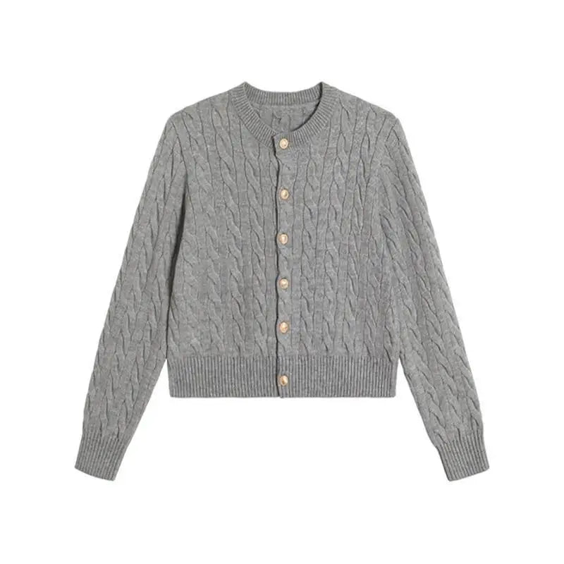Vintage Long Sleeve Cardigan Women Sweater O-neck Elegant Knitted Top Fashion Autumn Grey Knitwear