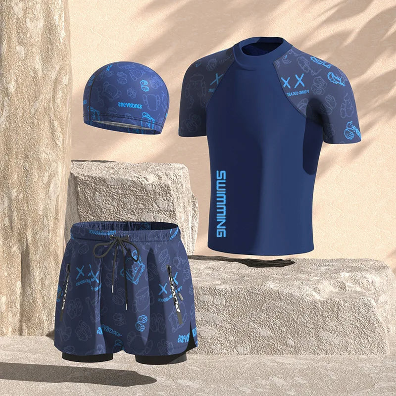 Men Professional Water Sports Competitive Swim Shirts+Trunks Glasses Cap Quick-Drying Beach Surfing Bathing Shorts Goggles Hat
