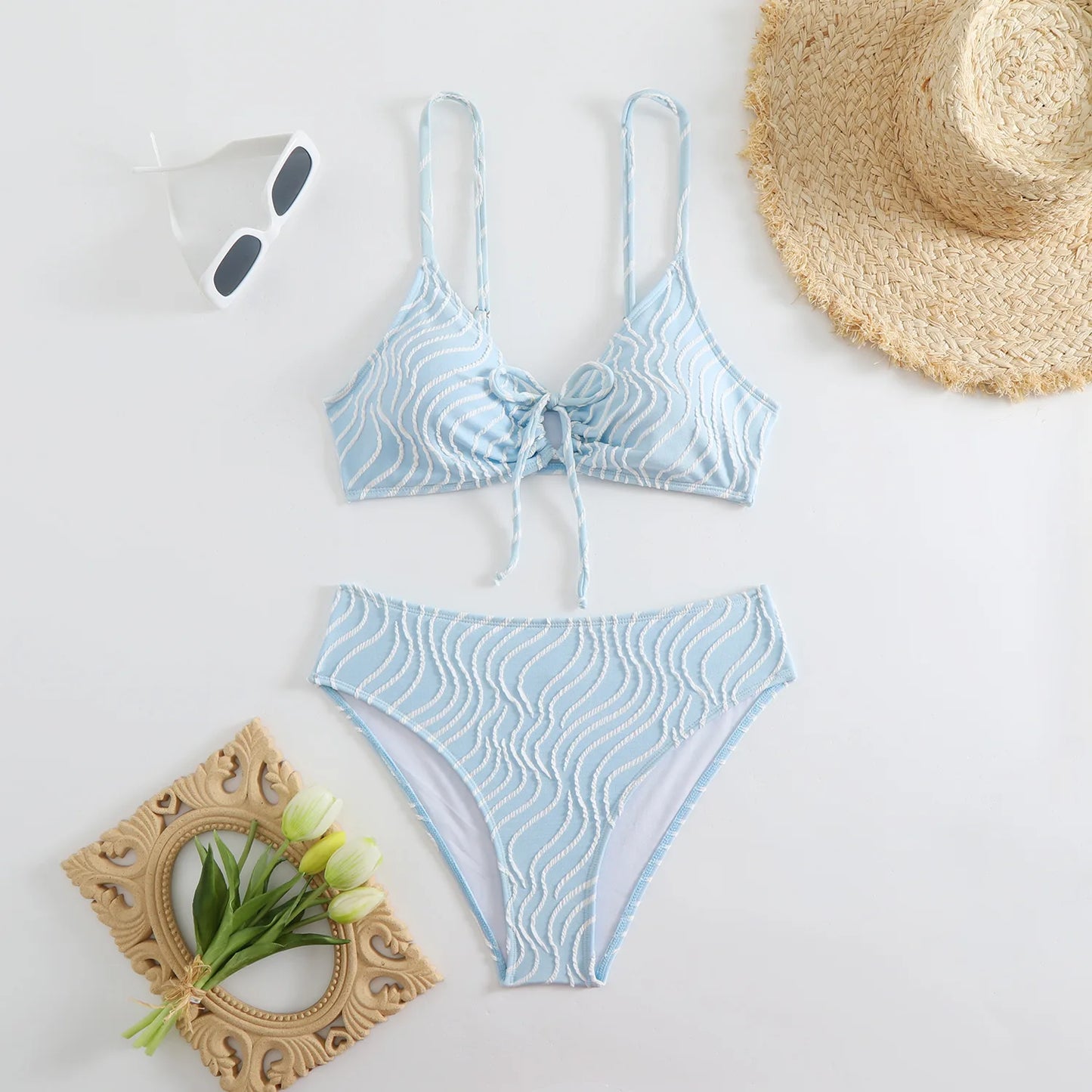 Women's Bikini Set Stripe Print 2 Piece Swimsuit Drawstring Lace-up V Neck Suspender Backless Beach Vacation Swimwear