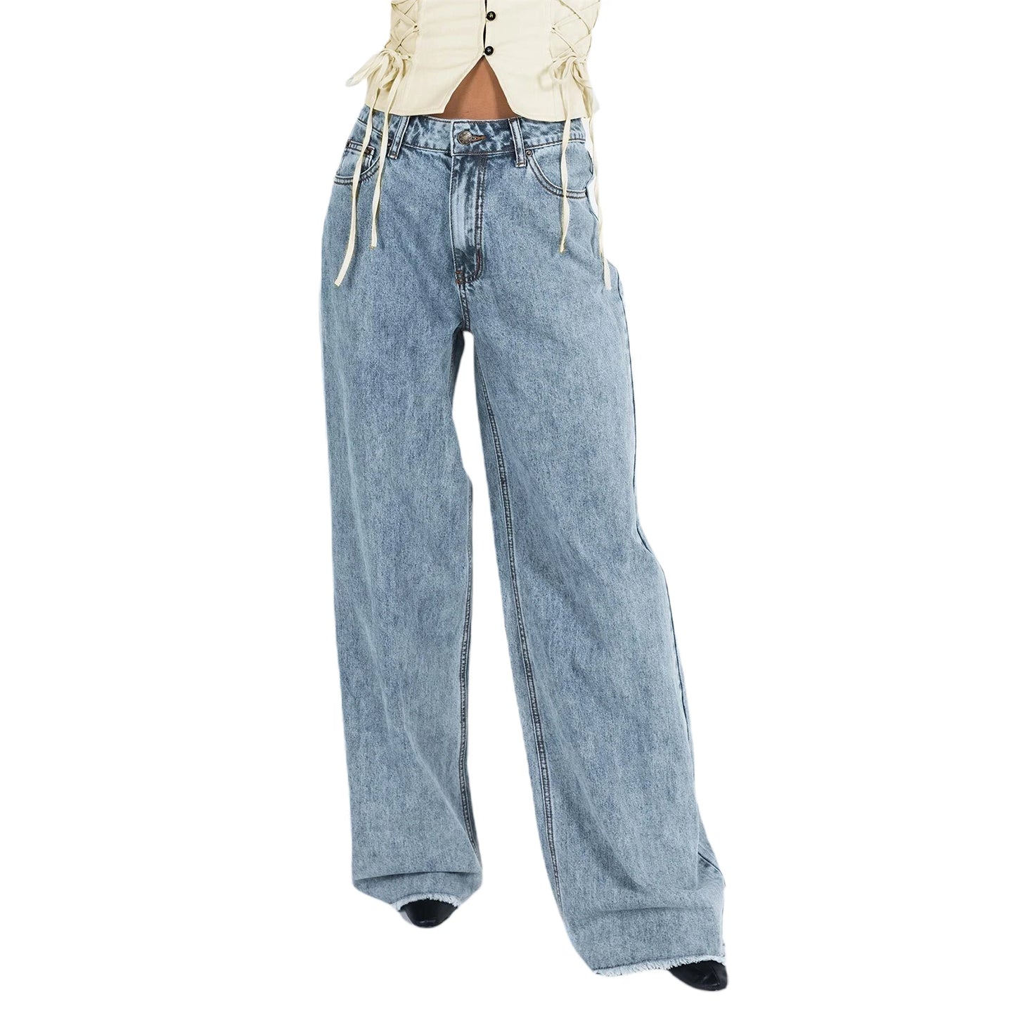 Women Wide Leg Jeans Trousers Solid Color Button Fly Casual Loose Pants for Work Office Streetwear