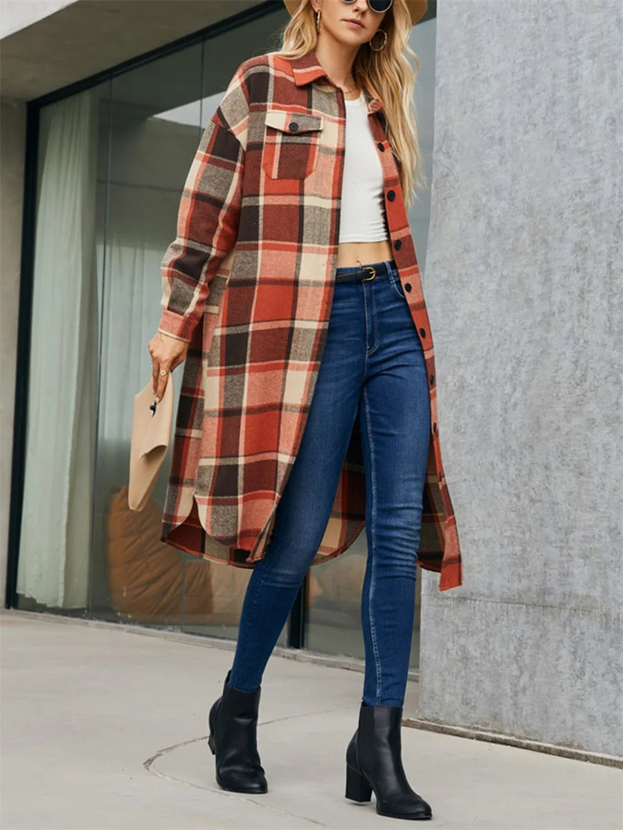 Plus Size Plaid Lapel Neck Long Sleeve Button Down Casual Streetwear Winter Jacket