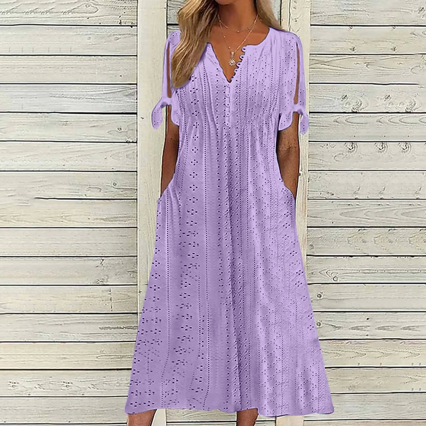Dresses for Elegant Ladies Party Dresses Hollow Out Bow Short Sleeve Lace Waist Pocket Wedding Mother Dress