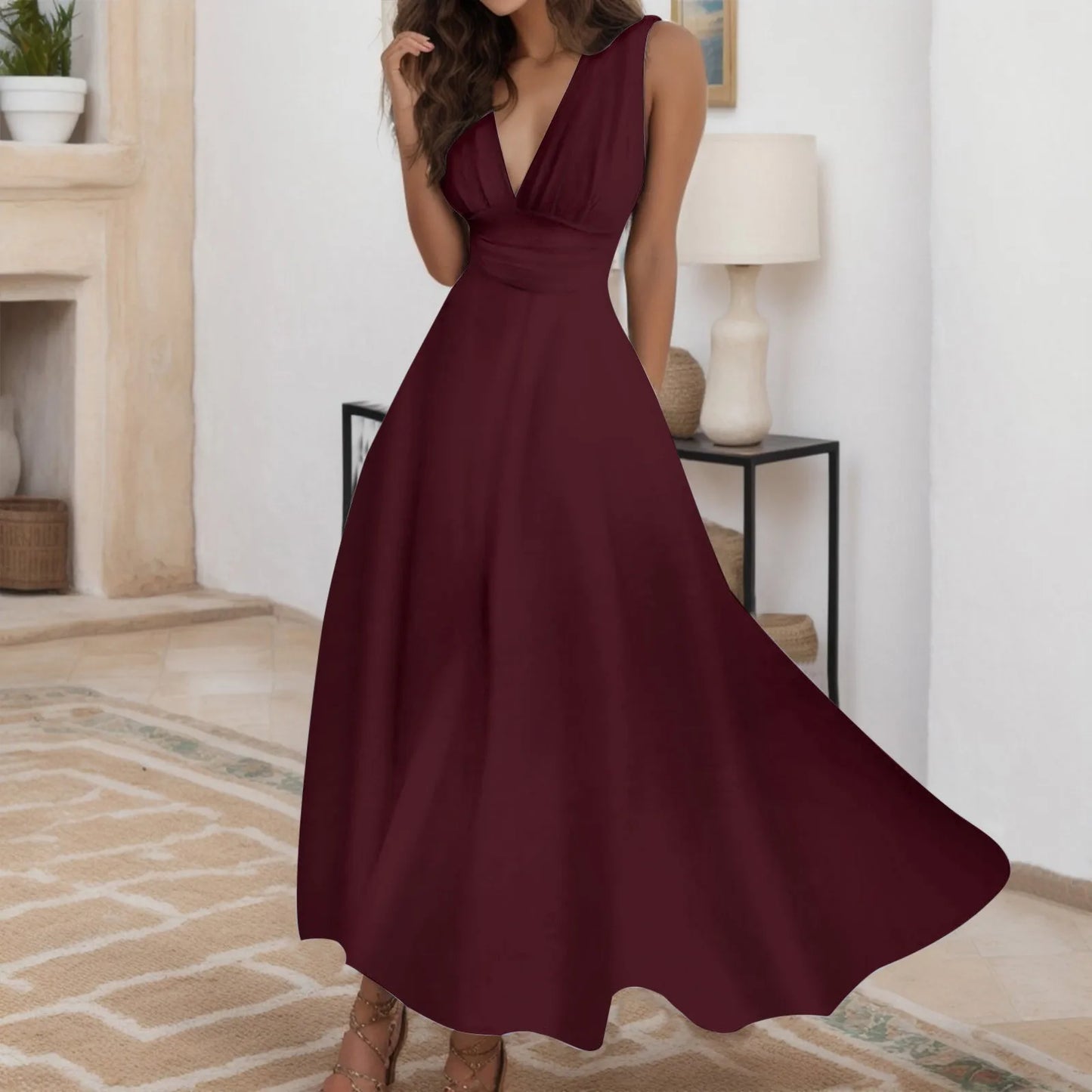 Women's Elegant A Line Sleeveless Midi Dress Casual Female V-neck Tunic Waist Swing Dress Wrap Long Dresses