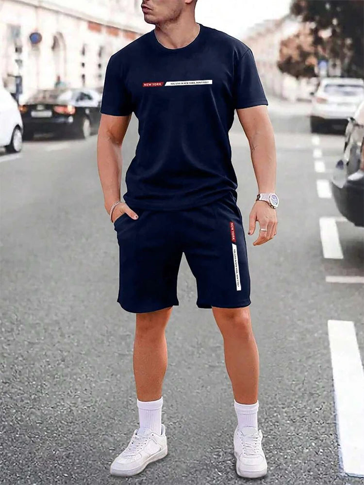 Urban street fashion trend men's crew neck short sleeve suit outdoor simple crew neck top casual and comfortable shorts