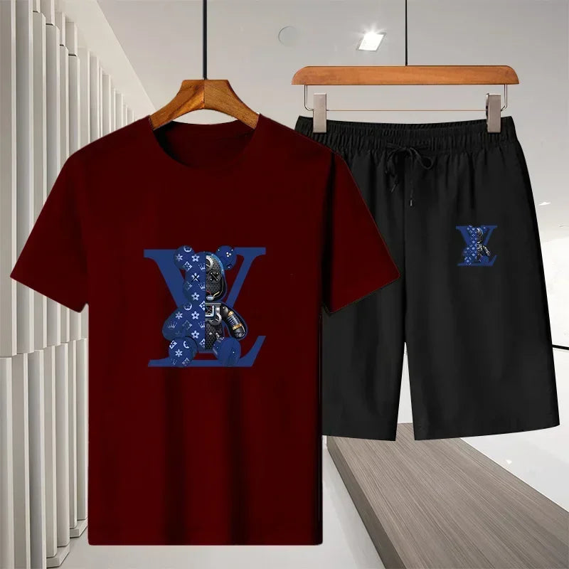 Men's short-sleeved T-shirt sportswear set, summer casual outdoor fashion men's round-neck top + Shorts 2-piece set