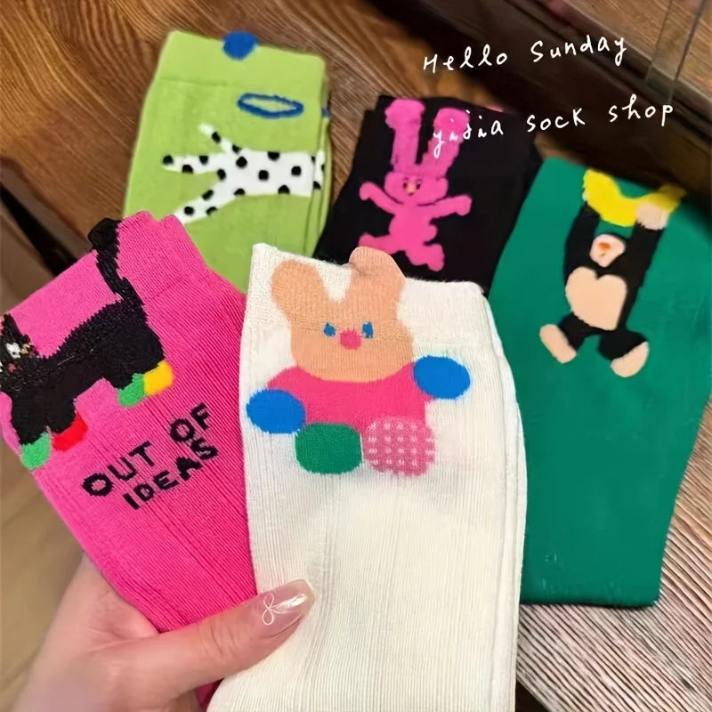 5 Pairs Cartoon Pattern Crew Socks Comfortable And Breathable
