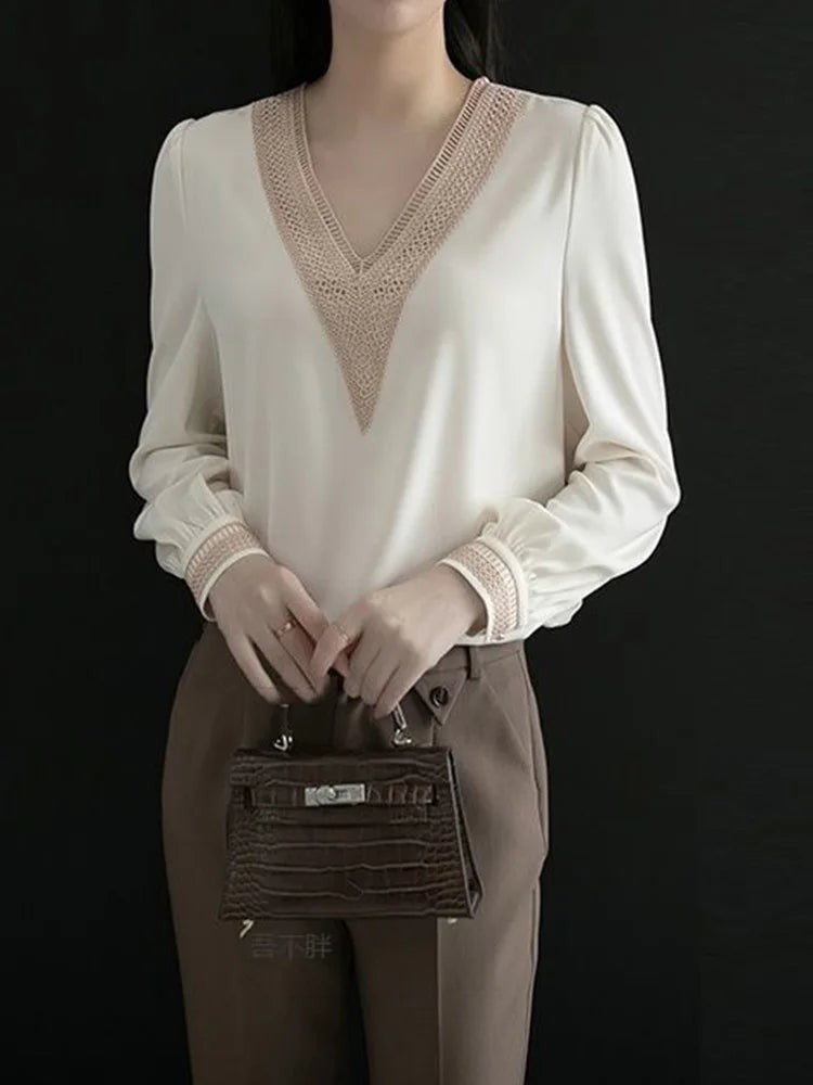 V-neck Embroidery Hollow Out  Long Sleeve Solid Color Blouse