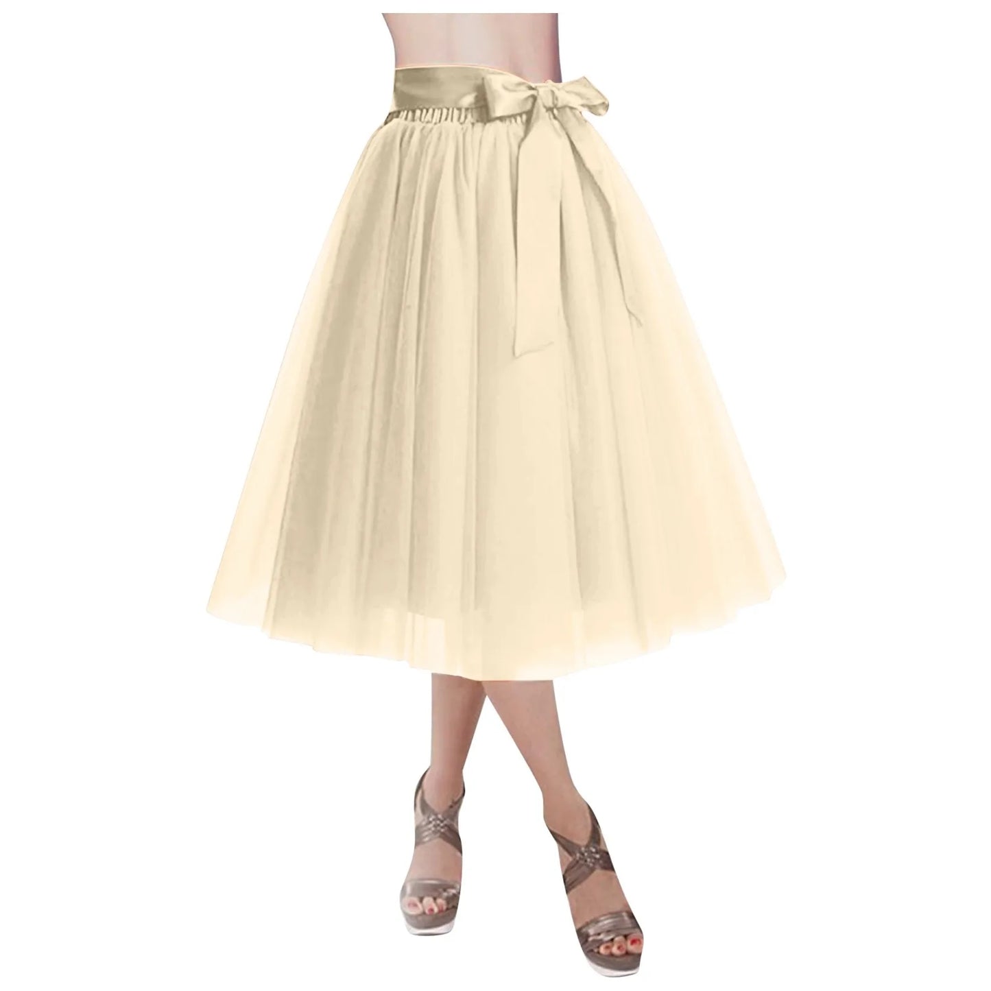 Women's Knee Length Mesh  Skirt Solid Color Elegant Elastic High Waist A-Line Petticoat