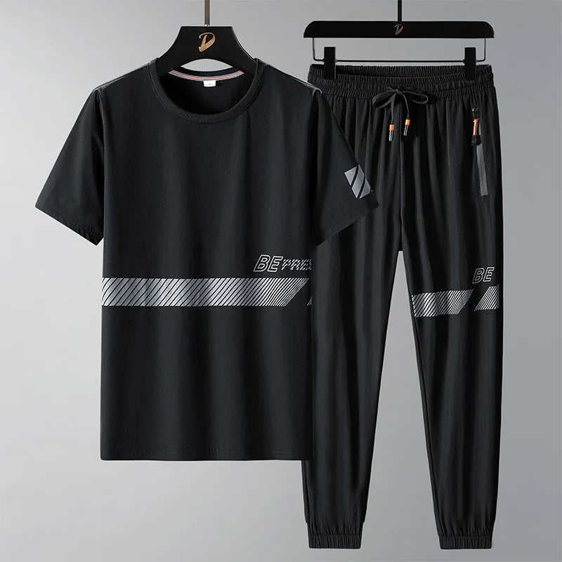 Men T Shirt Suit Pants 2 Piece Set Oversize 6XL 7XL 8XL Plus Size Short Sleeve Black T-shirts Summer Fashion Loose