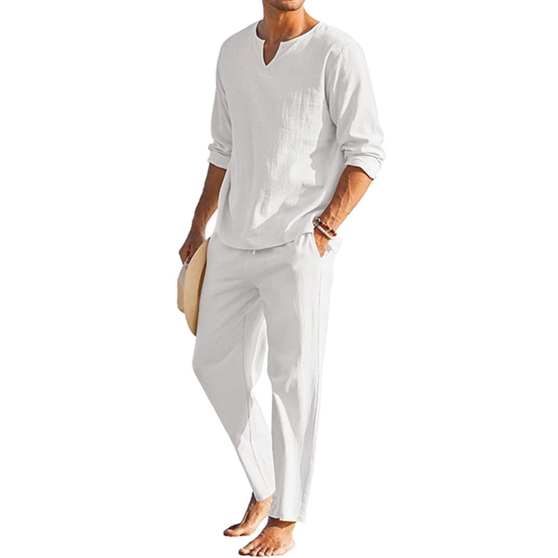 Men's Summer Cotton Linen Clothes Solid Color Long Sleeve Henley Shirt Elastic Waist Drawstring Pants 2 Pieces Loungewear Set