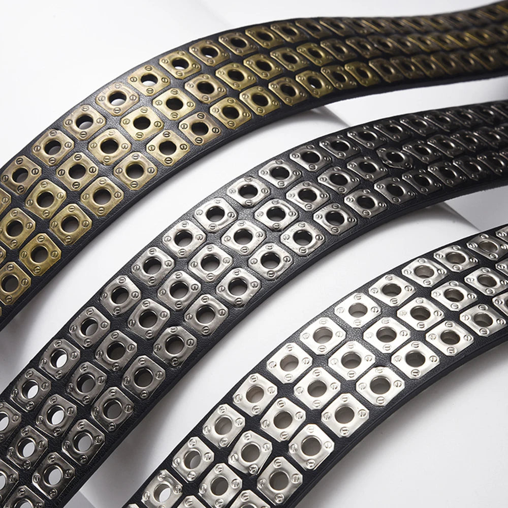 3.8cm Width PU Leather Belt With Metal Rivet Design 3 Pin Buckles Waistband Goth Belt