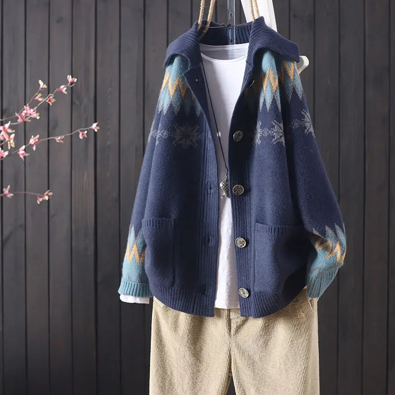 female autumn and winter knitted button jacquard pocket long sleeve knitted cardigan women commuter art sweater coat