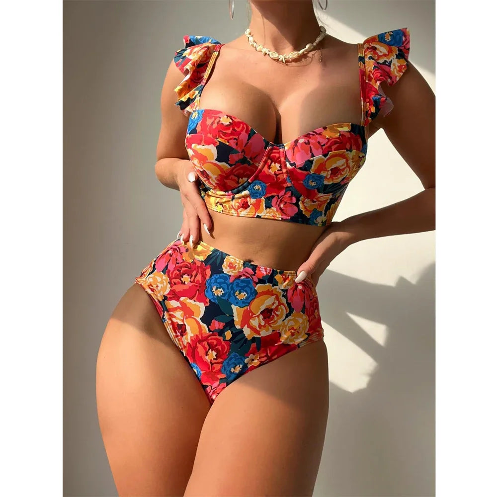 Floral Print Swimsuit Women 2 Piece Ruffle Bikini  Underwire Push Up Bathing Suit High Waist Swimwear