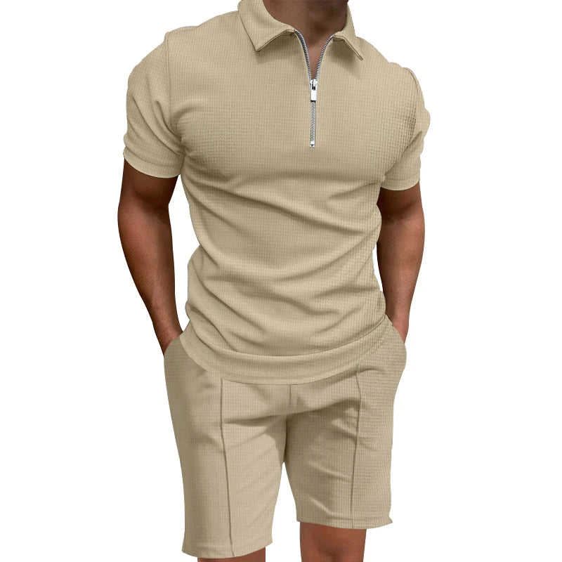 Cross border men's polo shirt set solid color waffle short sleeve slim lapel t-shirt casual men's shorts set