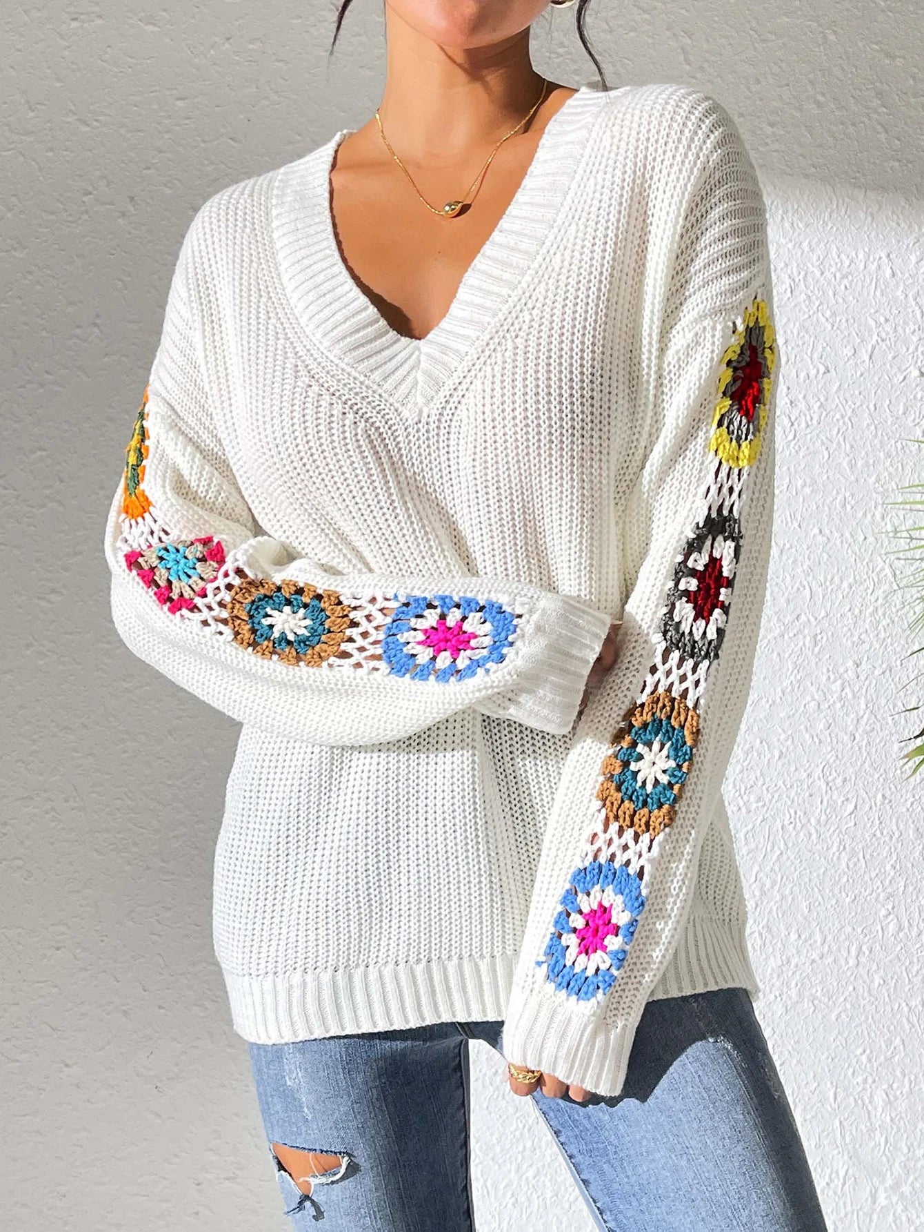 Elegant Solid Color Sweater With Embroidery Design, Unique Cuff Detail, Suitable For All Occasions