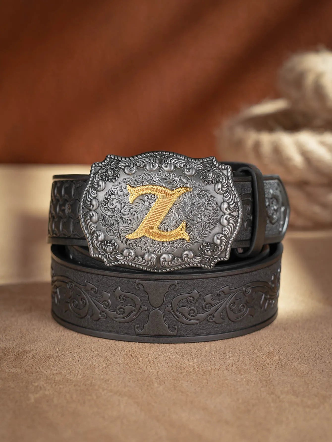 Western Cowboy PU Leather Belt  Waist Strap Bull Decoration Floral Engraved for Jeans