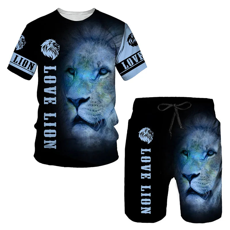 Ferocious Lion Summer Tracksuit Set 3D Printed Casual Men's T-shirt Shorts Male Sportswear Short Sleeve 2 Pieces Clothing Outfit